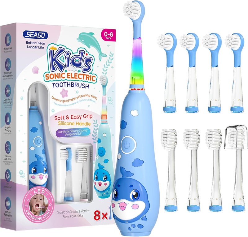 Seago Kids Electric Toothbrushes Rechargeable, Toddler Electric Toothbrush with Magnetic Charging, LED Observing Light, 8 Toothbrush Heads for Ages 2-4-6 Boys Girls (Navy Blue) - Image 1